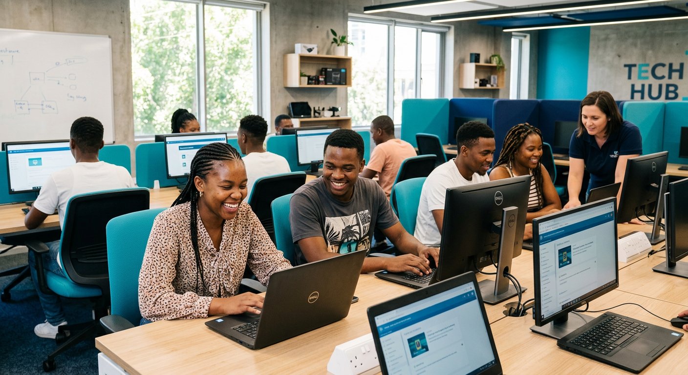 Young people learning computer skills at Kasi Tech Hub
